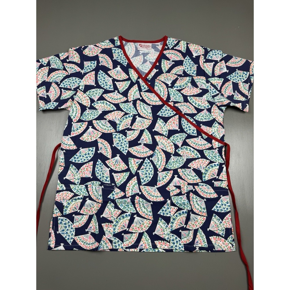 fashion scrubs women's scrub top size x-large mock wrap multicolor fan navy blue